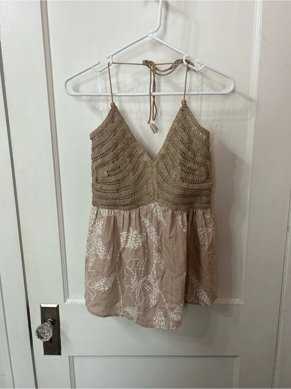 Maurices Taupe Crochet Halter Tank with Cream Floral Skirt